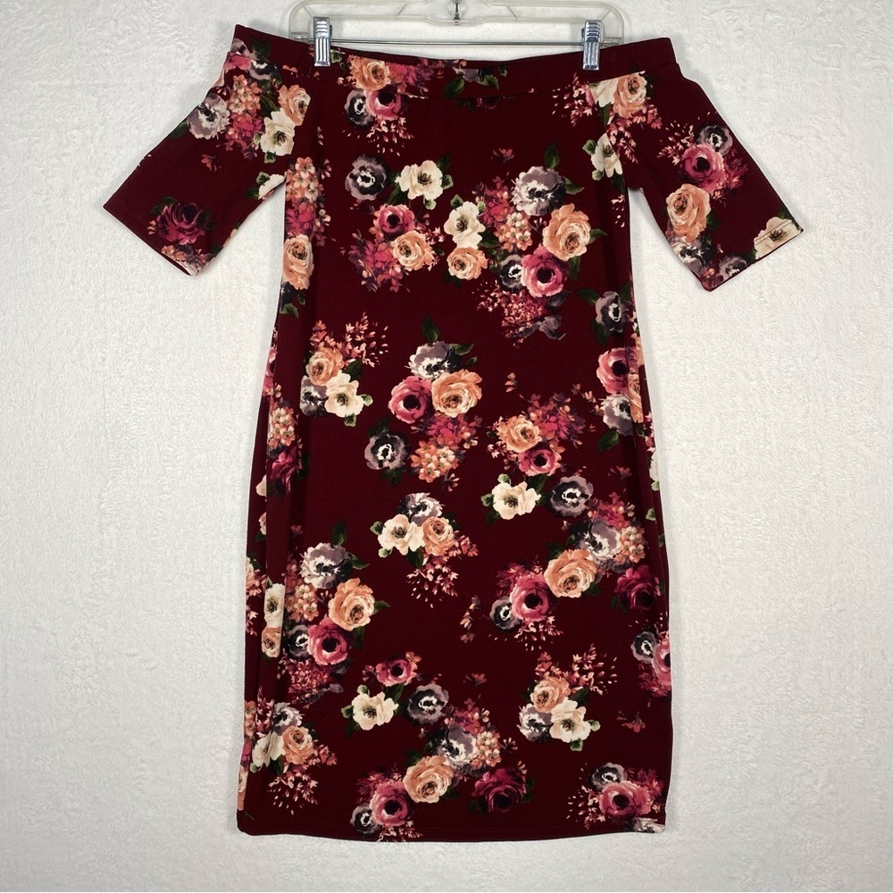 French Grey Burgundy & Multi Floral‎ Print Off The Shoulder Women’s Dress Size M